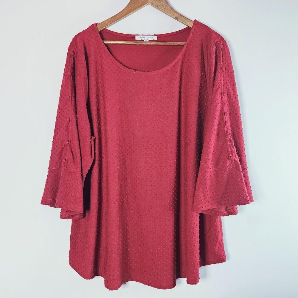 Rose + Olive Womens Red Swiss Dot Bell Sleeve Blouse Size 3X Flowy Business